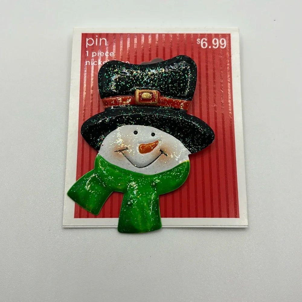 Christmas Snowman Pin Brooch Metal Green Scarf Top‎ Hat Holiday